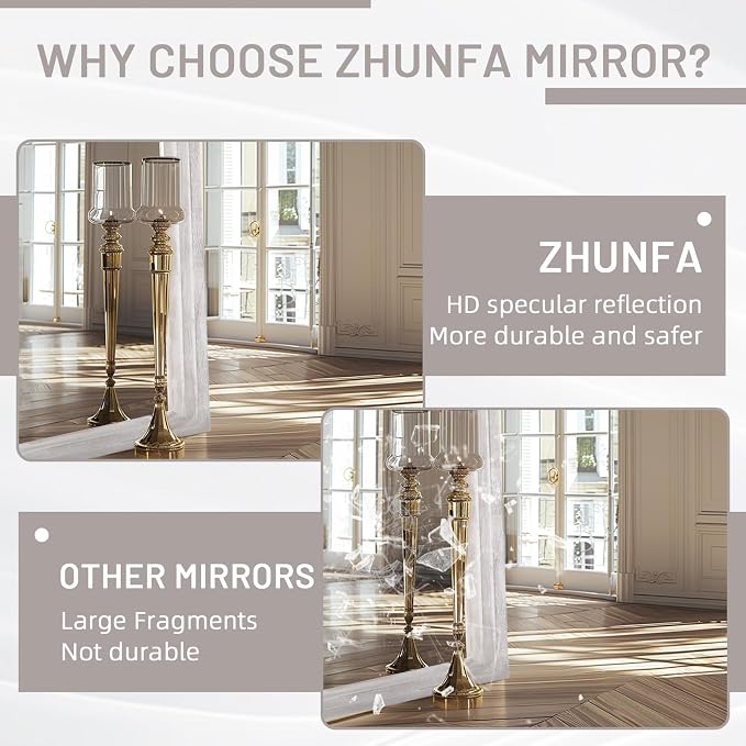 ZHUNFA Arched Full Length Mirror with Solid Wood Frame | 71x32 Farmhouse Wall Mirror Full Length with Stand, Vertical Hanging, Leaning Standing for Bedroom, Living Room, Rustic White