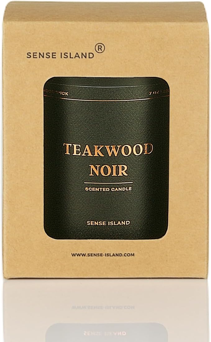 Teakwood Noir Crackling Wood Wick Candle, Mahogany Intense Masculine Scent, Luxury Black Jar Soy Candle with Crackle Wooden Wick