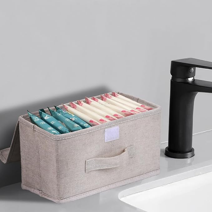 Pad Holder for Women Bathroom,Sanitary Napkin Holder, Pad and Tampon Holder for Bathroom, 2 Compartments Pad and Tampon Organizer, Fabric Pad Holder for Period, White