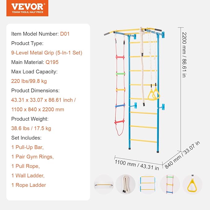 VEVOR Indoor Jungle Gym for Toddlers, 5-in-1 Climbing Playset with Carbon Steel Swedish Ladder, Wall Ladder, Pull-Up Bar, Rope Ladder, and Gymnastic Rings, Supports 220 lbs, Multicolor