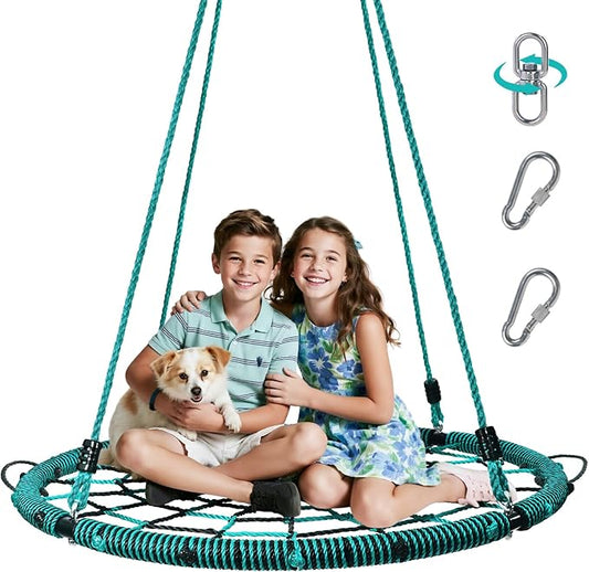 Trekassy 750lbs 40“ Spider Web Saucer Tree Swing for Kids Adults, Outdoor Net Swing with Steel Frame and 2 Hanging Straps-Green+Black (Patented)