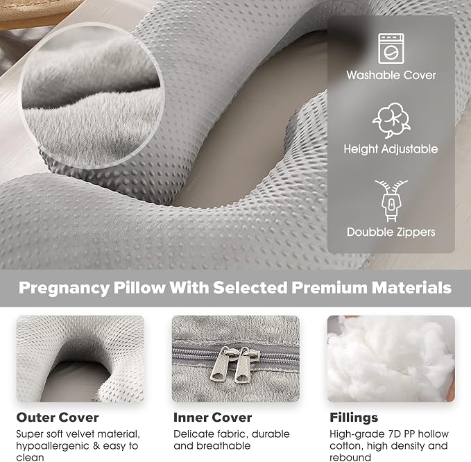U-Shaped Full Body Pregnancy Pillow for Sleeping – 57" Maternity Pillow with Removable Cover, Support for Back, Legs, Belly & Hips (Velvet-Light Gray)