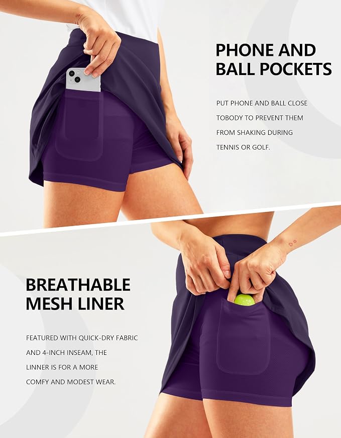16" Golf Skirt with 2 Zipper Pockets | Tee Holder, Mesh Shorts, High Waisted, Casual, Pickleball, Athletic, Tennis, Skorts for Women