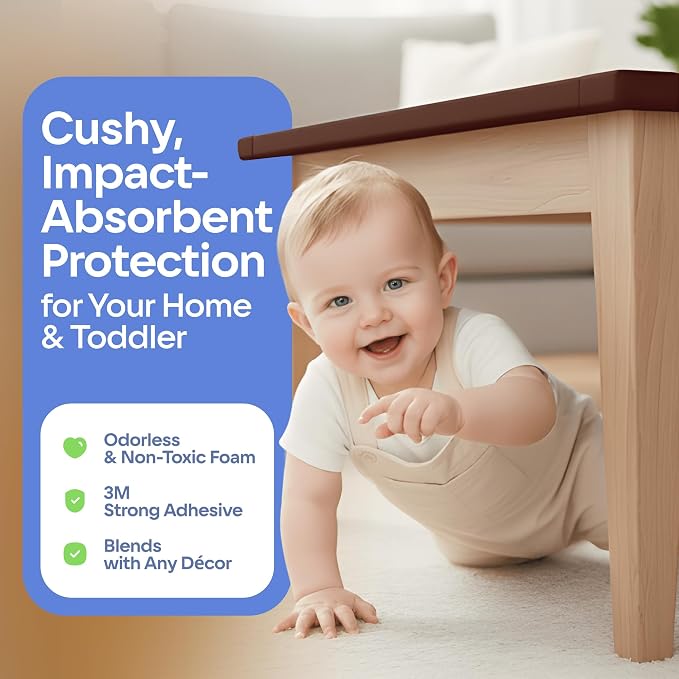 Baby Proofing Kit 18ft Edge Protector & 8 Corner Protectors, Non Toxic & Soft Rubber Foam, Baby Bumper & Corner Covers for Table, Desk, Crib, Fireplace, 3M Adhesive, Brown