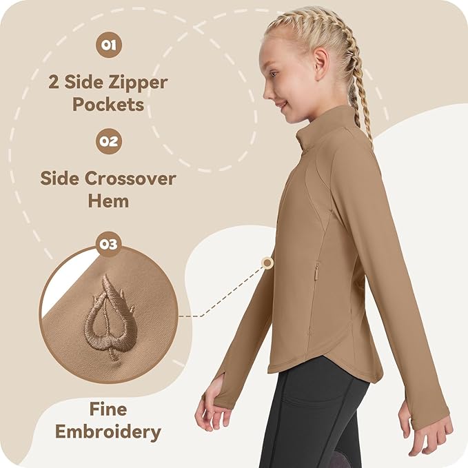 baleaf Girls Long Sleeve Shirts Fleece Jacket Fall Half Zip Pullover Kids Sweatshirts Athletic Thermal Coat
