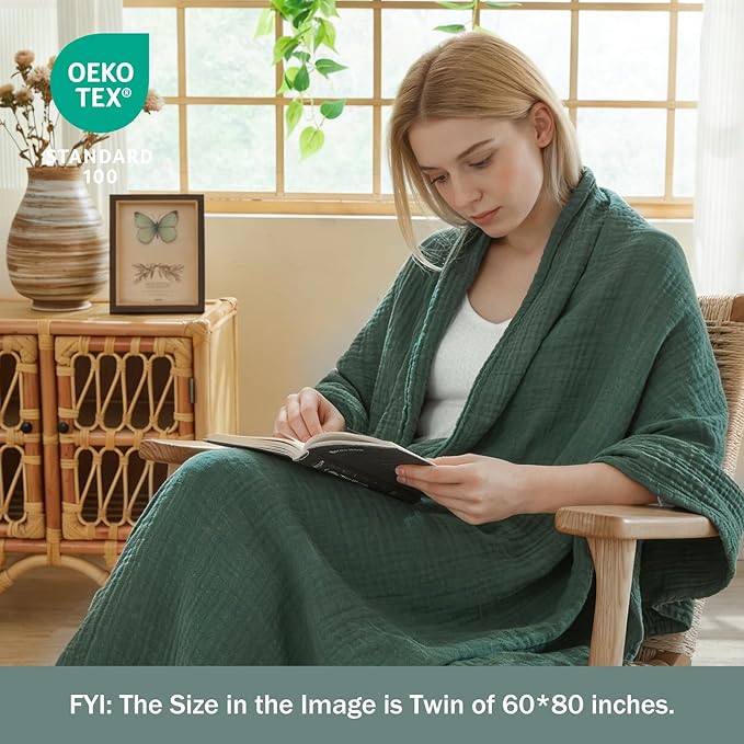 EMME Muslin Blankets for Adults Throw Blanket for Couch Breathable Gauze Soft Lightweight Airy Forest Green Throw XL 50" x 71"