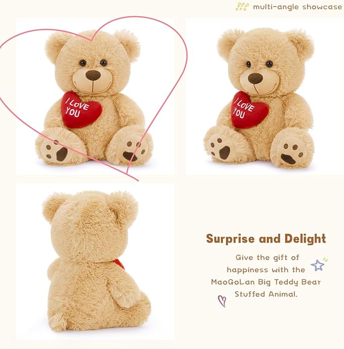 MaoGoLan Small Teddy Bear with Red Heart, 12" I Love You Valentines Teddy Bear Stuffed Animal,Velvet Red Heart Bear Gift for Kids,Girlfriend,Wife