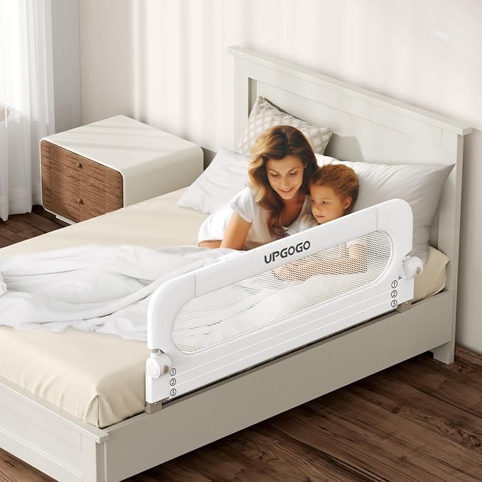 UPGOGO Folding Bed Rail for Toddlers,Baby Bed Rail Guard with Reinforced Anchor Safety System,Fit Bunk,Full Size,Queen,King,Twin(White,71"x23.6")