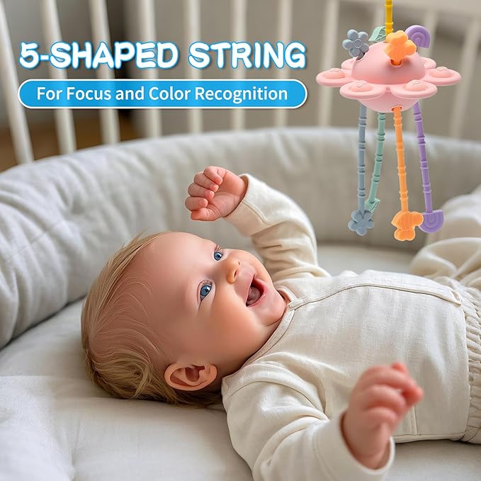 Montessori Sensory Toys for Babies,Silicone Teething Toys Pull String Baby Toy 18 Months (Pink)