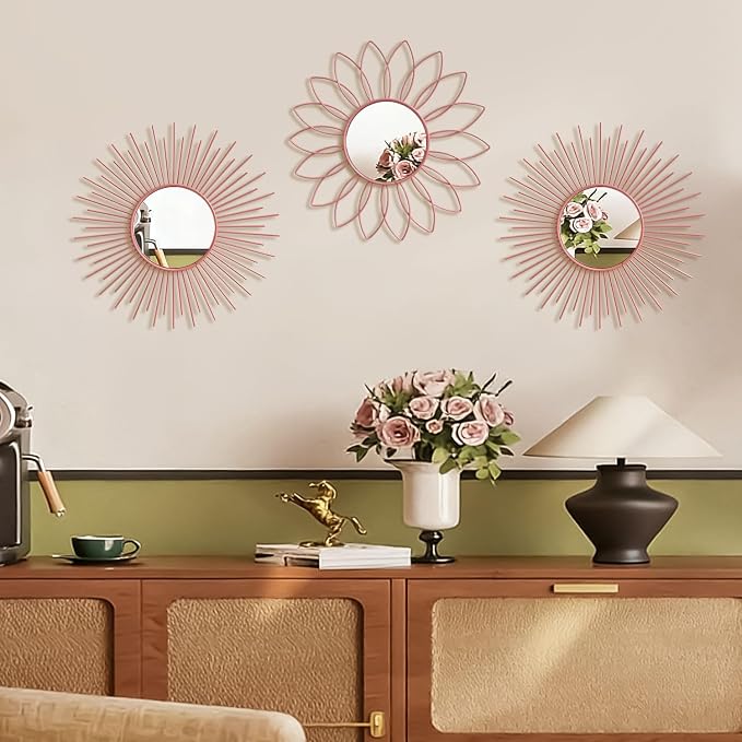 3 Pack Metal Mirrors for Wall Sunburst Wall Mirrors Home Décor Decorative Hanging Wall Art for Living Room Bedroom Entryway (Pink, Flower+Sunburst)