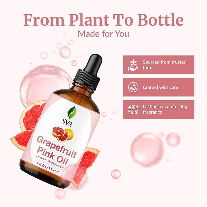 SVA Grapefruit Essential Oil Pink – 4 Fl Oz – for Diffuser, Skin & Hair Care – Ideal for Massage & DIY Blends- with Dropper