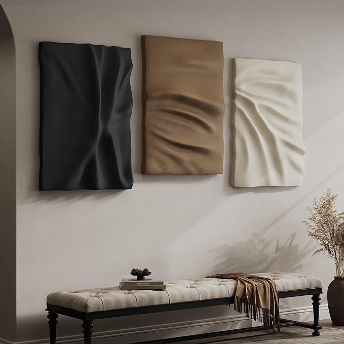 Large 3D Textured Wall Art Decor for Living Room, 3 Piece Modern Neutral Abstract Carved Artwork for Walls, Black and White Brown Minimalist Pictures Wall Decor for Hallway, Dining Room Home Decor, 24x36 In