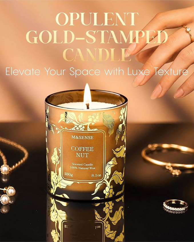 M&SENSE Coffee Nut Soy Candle, 7.8oz Gilded Glass, Coffee Lover Gift | 42H Slow Burn, Non-Toxic, Cozy Relax Calm, Warmer Safe, Reusable Jar, Sensitivity-Safe