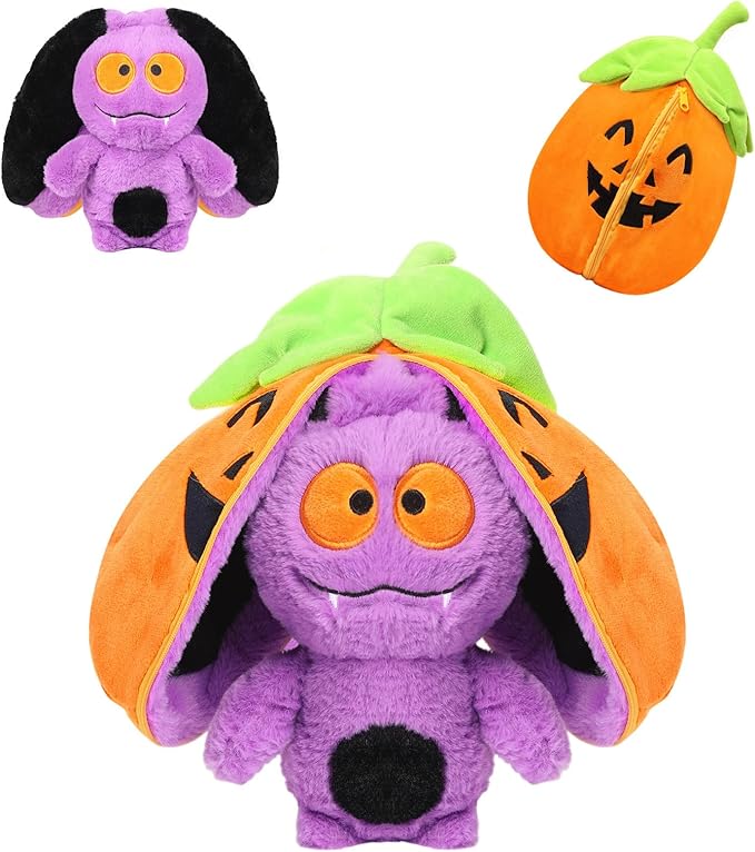 MIAODAM Halloween Bat Stuffed Animal, 11inch Reversible Halloween Pumpkin Bat Plush Pillow, Cute Plushies Toy Gift for Baby Toddler Girls Boys
