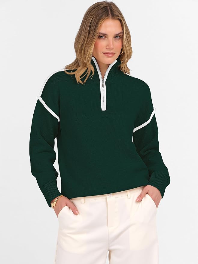 ANRABESS Womens Quarter Zip Sweaters Fall Long Sleeve V Neck Shirts Collared Business Casual Tops Knit Pullover Sweatshirts