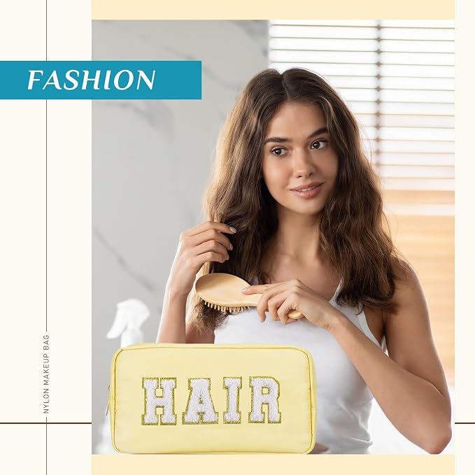 Preppy Makeup Bags Chenille Letter Stuff Bag Nylon Cosmetic Pouch Cases with Zipper for Women Travel Toiletry(Pastel Color,Classic,4 Pcs)