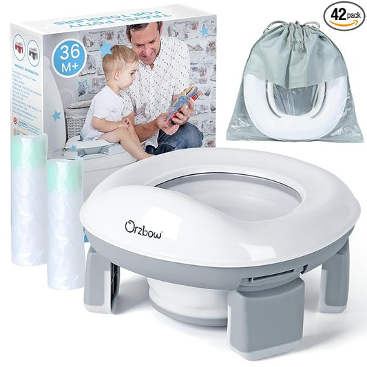 Orzbow Portable Potty Training Toilet, Travel Potty Seat for Toddler Boys Girls with Splash Guard, Potty Training Essentials, Foldable, Includes Free Travel Bag and 40 Liners, Indoor/Outdoor Use, Grey