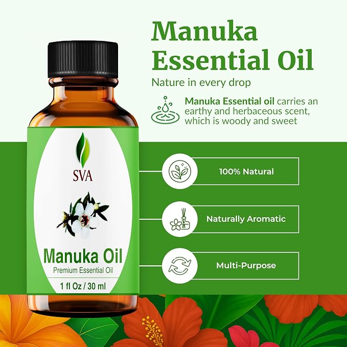 SVA Manuka Essential Oil 1 Fl Oz – for Diffuser, Skin & Hair Care – Ideal for Massage & DIY Blends – with Dropper