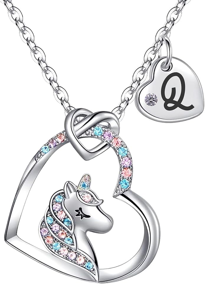 Valentines Day Gifts for Kids Girls - Unicorn Necklace for Girls with Initial Heart Pendant & Gift Box, 18K Gold Fashion Kids Jewelry, Colorful Heart Necklace for Birthdays & Costume Parties.