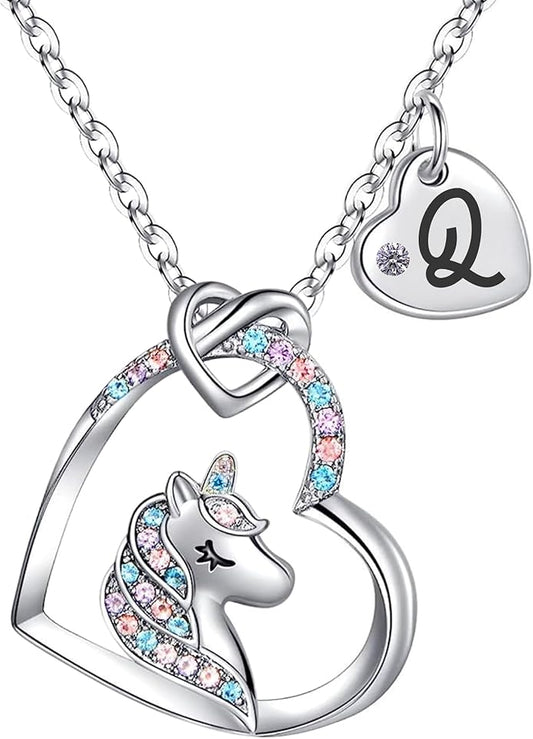 Valentines Day Gifts for Kids Girls - Unicorn Necklace for Girls with Initial Heart Pendant & Gift Box, 18K Gold Fashion Kids Jewelry, Colorful Heart Necklace for Birthdays & Costume Parties.