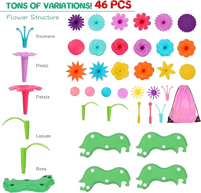 FLYINGSEEDS 46 PCS Flower Garden Building Toys for Girls, STEM Toy Gardening Pretend Play Set for Kids, Girls Favor Stacking Game for Toddlers, Preschooler Age 3 4 5 6 7 8 Year Old