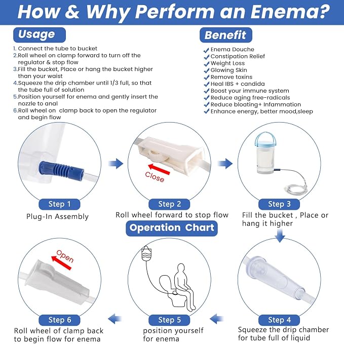 Enema Bucket Kit for Colon Cleansing with 6Pcs Enema Nozzle Tips Colon Tube Replacement, Coffee Enema kit for Constipation Detox 6ft Silicone Tubing Hose Home Shower Enema Intestinal Rinser Irrigator