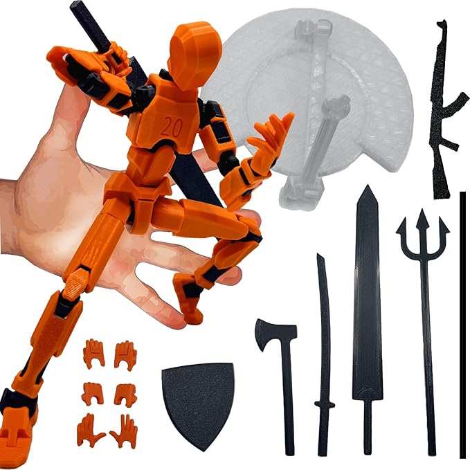 3D Printed Enlarge Body Size 8.1-inch Action Figure Dummy20, Full Body Mechanical Movable Toy, Multiple Accessories, Desk Decoration (Bracket, 3 HandsType, Weapons, Armour) (Orange)