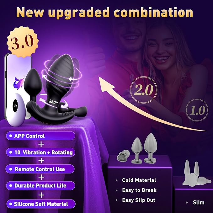 360° Rotating Vibrating Butt Plug，3PCS Anal Plug Sex Toys for Men Women，Anal Dildo Vibrator with 10 Frequencies APP Control, Silicone Anal Toys Adult Toys Nipple Weight Toys