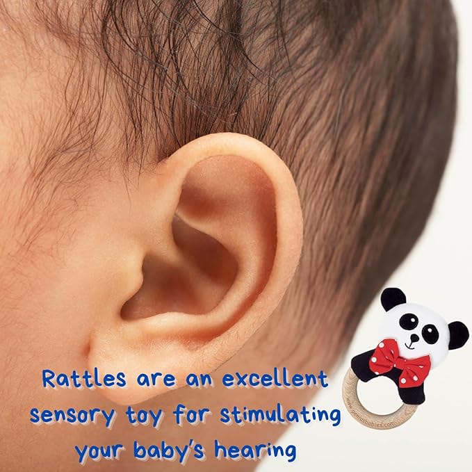 Baby Rattle in High Contrast Colors, Baby Rattles & Plush Rings with Cute Panda Plush, 5", Wooden Infant Toy, Perfect Size for Small Hands, Teach Grasping, Nontoxic, 0-3 Months Newborn, Infant Toys