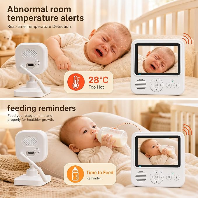 Baby Monitor with Camera and Audio, No WiFi Baby Monitor with 2.8" IPS Screen, 120-Hour Battery, 1000ft Long Range, 2-Way Talk, Cry and Feeding Reminder, Night Vision