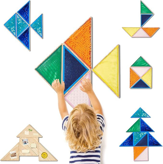 10 Pieces Wooden Sensory Wall Panel|Kids Triangle Wall Sensory Board with 5 Pieces Sequin Flip Fabric & 5 Pieces Replaceable Textured Mats|Sensory Tiles Decal,Sensory Room Must Haves