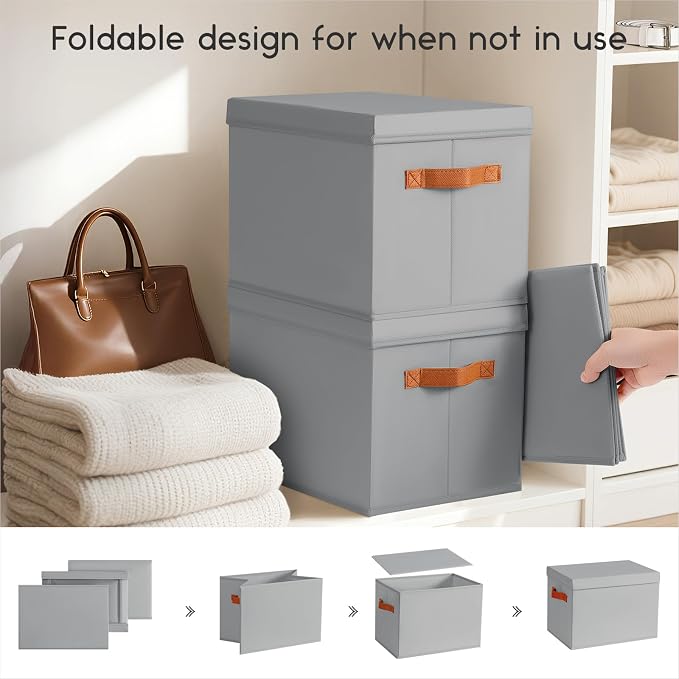 Storage Bins with Lids - Large Fabric Closet Bins with Lid, 6 Pack Clothes Organizers and Storage, Collapsible Stackable Cube Basket for Home, Office, Dorm, Grey