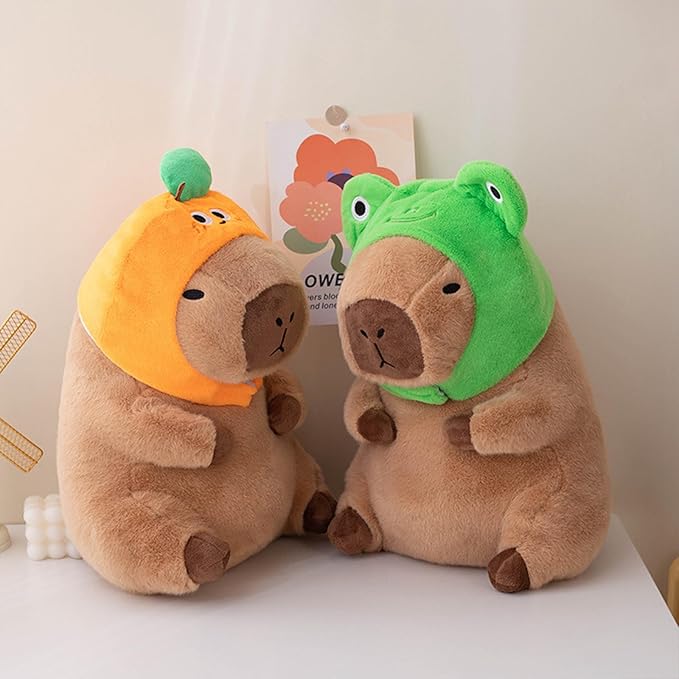 Ditucu Cute Capybara Plush Pillow with Wearable Frog Hat Stuffed Animal Capibara Plushies Toys Gifts for Kids Brown 11 inch