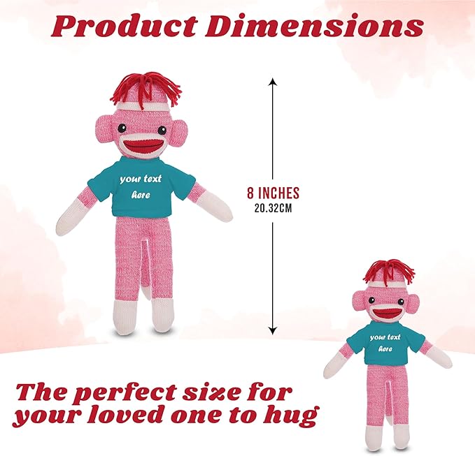 Huggable Pink Sock Monkey 8 Inch, Plush Stuffed Animal Personalized Gift-Custom Text on Shirt-Perfect for Halloween Day, Valentine's Day, Graduation Day, or Birthday Present (Teal)