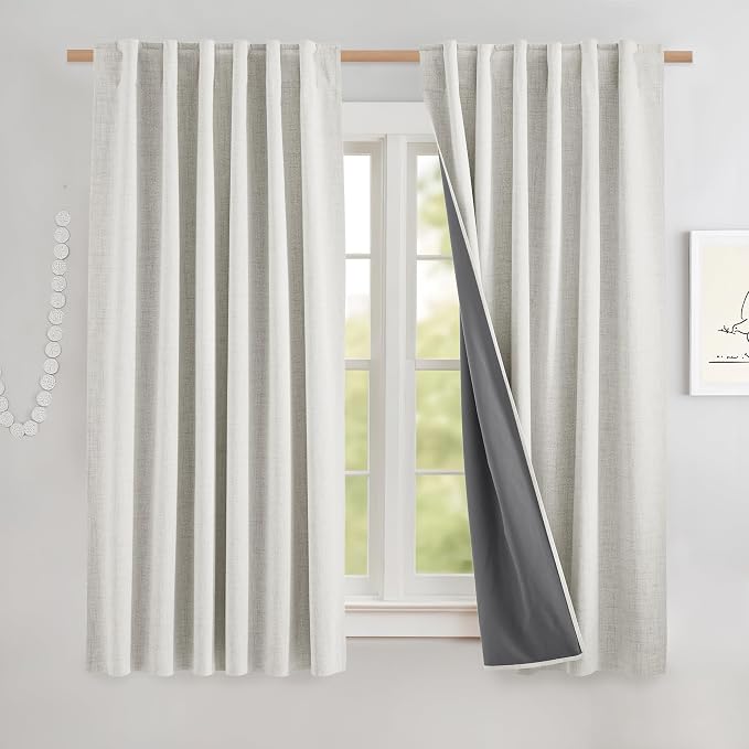 NICETOWN 100% Blackout Cafe Curtains 48 inches Long 2 Panels, Linen Blend Thermal Insulated Curtains with Liners for Kitchen, Privacy Window Draperies for Basement, Alabaster Gray, W52 per Panel