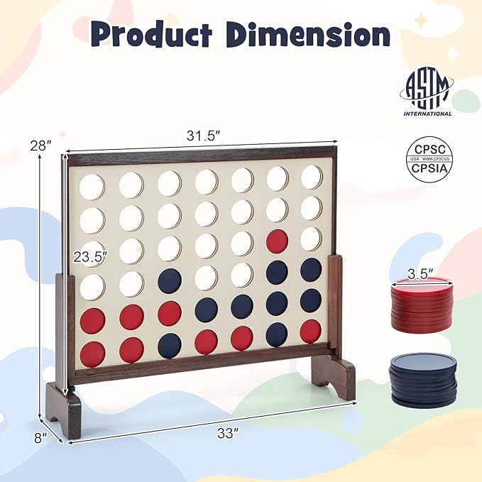 Costzon Giant 4-in-a-Row Game Set, Wooden Jumbo 4-to-Score Game with 42 PCS Chips & 600D Oxford Fabric Carrying Bag, Indoor Outdoor Line-up-4 Game for Kids & Adults, Ideal for Camping (Natural)