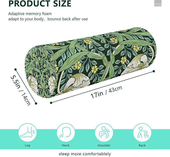 Neck Roll Pillow Bolster Pillow Round Health Memory Foam Long Cervical Roll Cylinder Bolster Body Pillow with Removable Washable Cover Bolster Pillow for Bed Legs Back Yoga Willam Morris Green