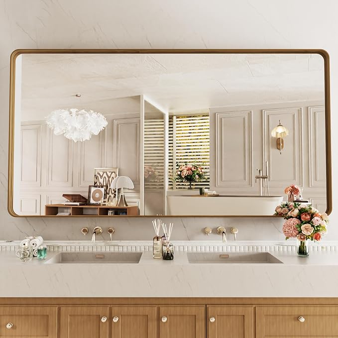 LOAAO 72X36 Inch Bathroom Mirror with Wood Grain Colored Metal Frame | Rounded Rectangle Metal Framed, Anti-Rust, Hangs Horizontally or Vertically, Tempered Glass