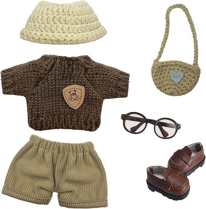 17cm Doll Clothes 6 PCs Accessories Outfits Brown Shoes Sweater Glasses Pants Hat Crochet Clothing Set for Keychain, No Doll(Brown)