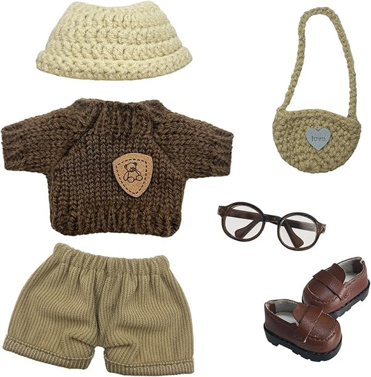17cm Doll Clothes 6 PCs Accessories Outfits Brown Shoes Sweater Glasses Pants Hat Crochet Clothing Set for Keychain, No Doll(Brown)