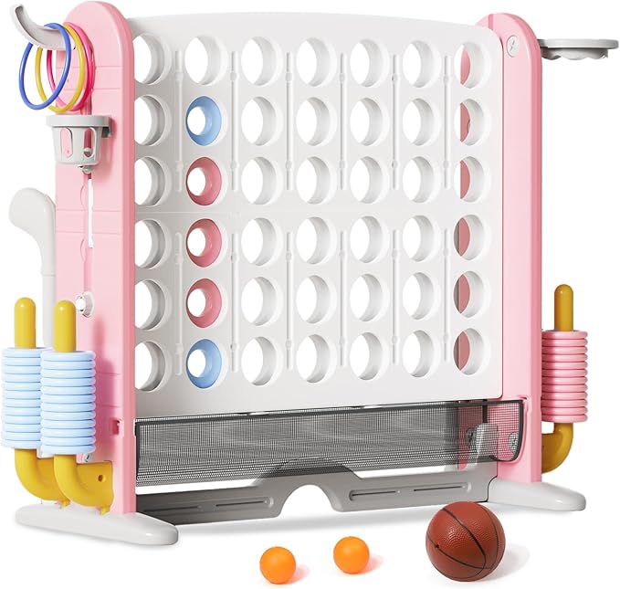 Giant 4 in-A-Row Connect Game Set, Adjustable Height Jumbo Yard Game with Basketball Hoop, Golf, Mesh Pocket & Ring Toss, Indoor Outdoor Family Backyard Party Game for Kids and Adults (Pink-White)