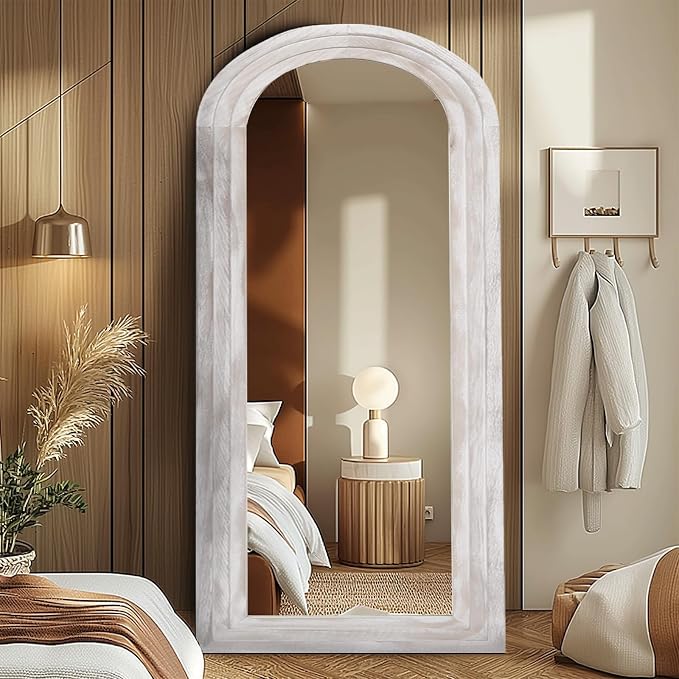 ZHUNFA Arched Full Length Mirror with Solid Wood Frame | 71x32 Farmhouse Wall Mirror Full Length with Stand, Vertical Hanging, Leaning Standing for Bedroom, Living Room, Rustic White