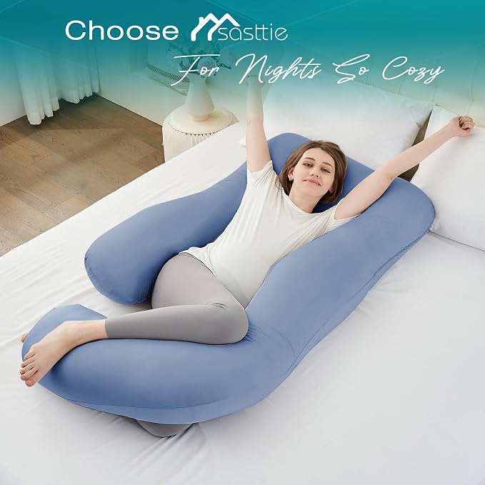Sasttie Pregnancy Pillows for Sleeping, U Shaped Cooling Full Body Pillow with Removable Cover, Pregnant Women Must Haves, Maternity Essential, Blue