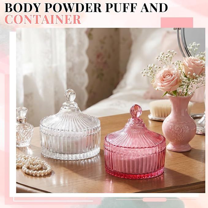 Tioncy 2 Set Extra Large Body Powder Puff and Container, 6'' Washable Vintage Decorative Crystal Powder & Container Gift for Bathroom Counter & Feminine Vanity Decor(Classic,Pink and Clear)