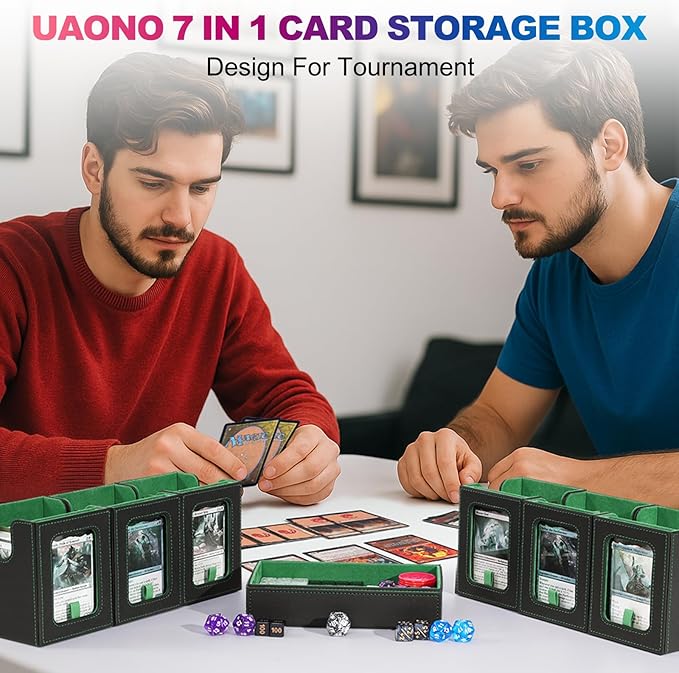 UAONO Commander Deck Box for MTG, 6-Deck Modular Card Case with Dice Tray Holds 600+ Double-sleeved Cards, Removable Trading Cards Storage Box with 35PT Magnetic Card Holders for TCG, Black Green