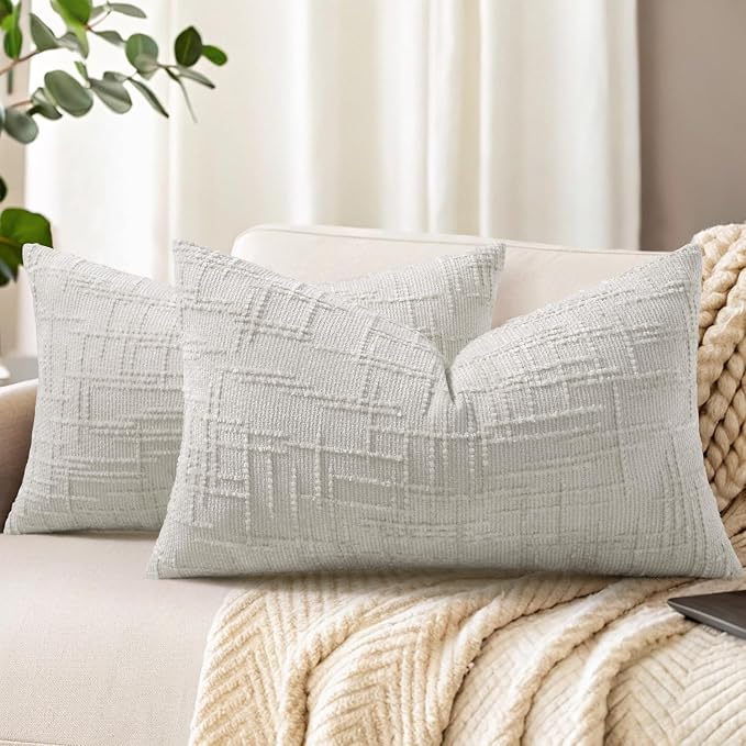 decorUhome Textured Chenille Throw Pillow Covers 12x20 Set of 2 Light Grey | Fall Modern Farmhouse Soft Cozy Slubby Couch Pillow Cases Boho Decorative Pillow Cases for Bed Sofa Living Room Home Decor