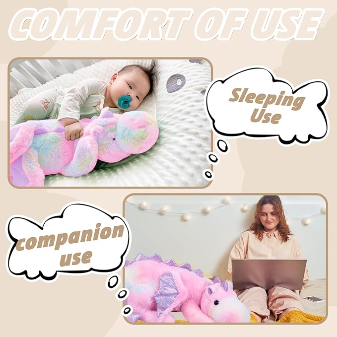 ARELUX Large 37in Cute Dragon Stuffed Animals Plush Toy Soft Colorful Pink Pterosaur Plushie Giant Fuzzy Dinosaur Pillow Plushies with Wings Cuddly for Friends Family Member