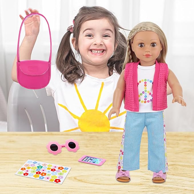 Ecore Fun American 18 Inch Doll Clothes and Accessories, 8 Pcs 18 Inch Doll Girl Clothes Set Include Sweater Vest, White Vest, Jeans, Sandals, Shoulder Bag, Mobile Phone, Sticker, Sunglasses