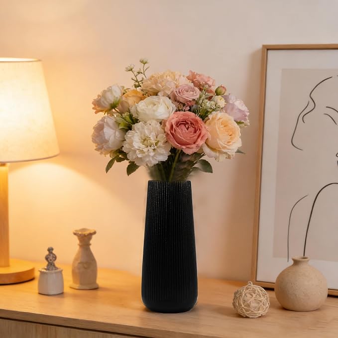 7.8''H Ceramic Vase, Pampas Grass Vase, Ribbed Modern Decor, Matte Black | Nordic Minimalist Flower Vase, Black Home Office Decor Vases, For Living Room, Dining Table, Bedroom, Kitchen Shelf