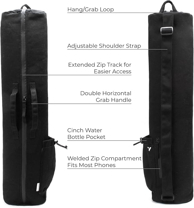 VOORAY Avani Yoga Mat Bag with Adjustable Shoulder Strap, Phone Pocket and Water Bottle Holder, Use for Retreats, Commutes, Travel and Storage, 15L Size fits Most Standard Mats - Black